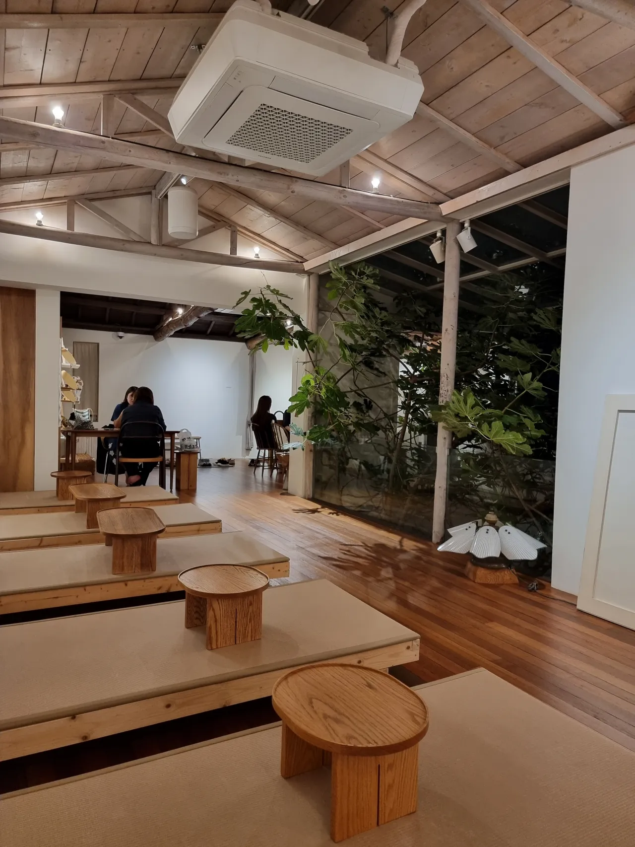 천장에- 에어컨-한켠에-잎이-무성한-나무-테이블들