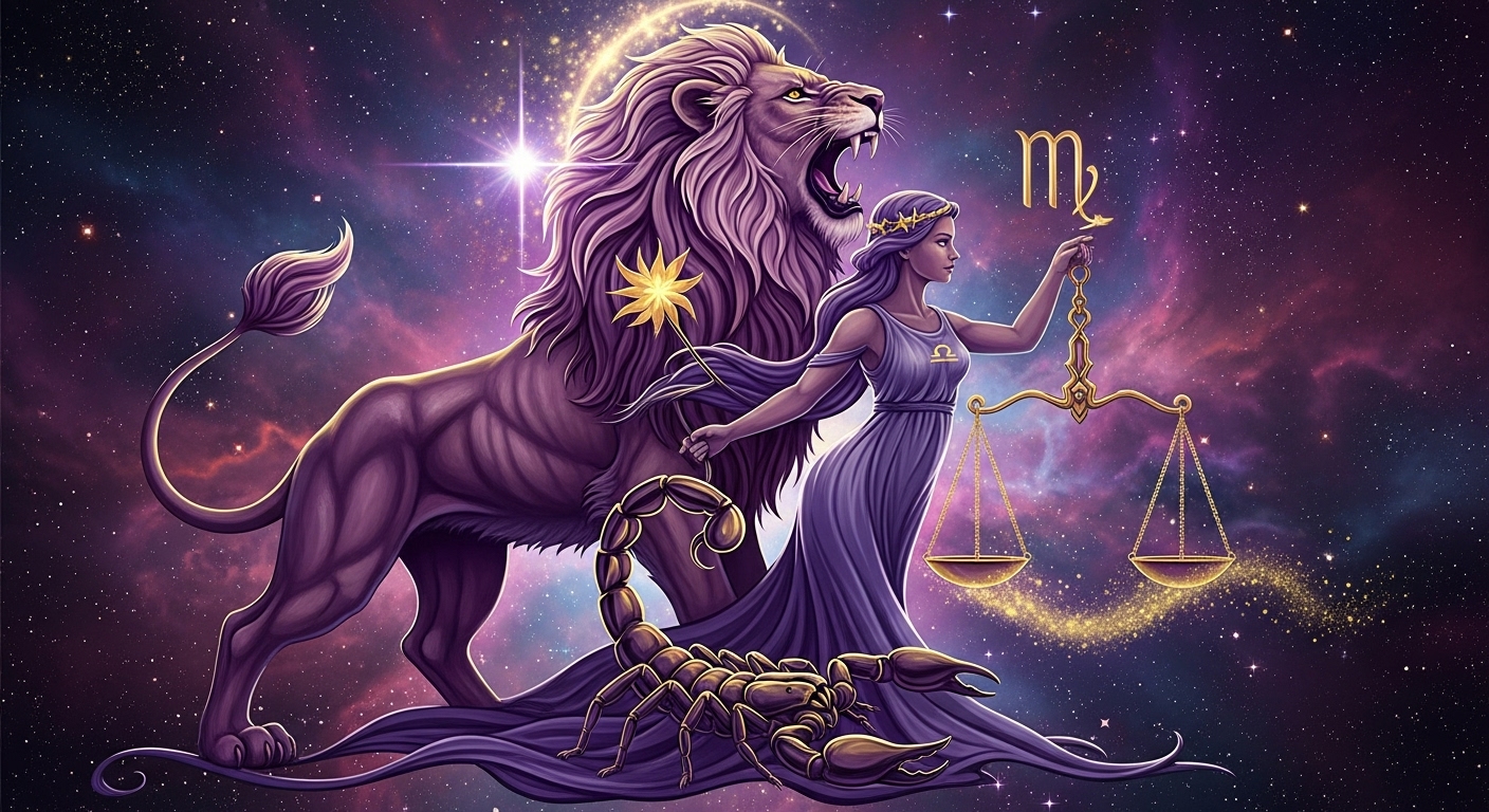 사자자리, 처녀자리, 천칭자리, 전갈자리의 상징이 보라색과 황금색 우주 배경에 어우러져 있는 환상적인 이미지