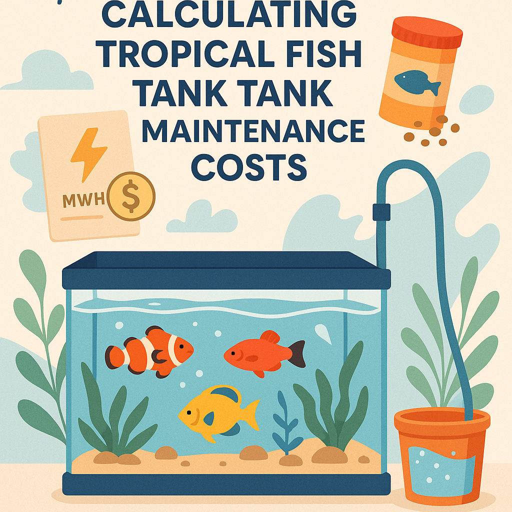열대어 수조와 다양한 열대어, 수초, 그리고 수조 유지에 필요한 각종 장비(여과기, 히터, 조명 등)가 함께 어우러진 장면. 수조 주변에는 전기, 물, 사료 등 유지비용을 상징하는 아이콘들이 배치되어 있어, 열대어 수조의 유지비용 계산 과정을 직관적으로 보여주는 이미지