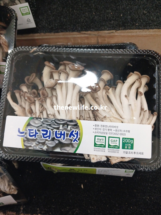 조리 전 신선함을 유지하고 있는 무농약 인증 느타리버섯 패키지 실물 사진