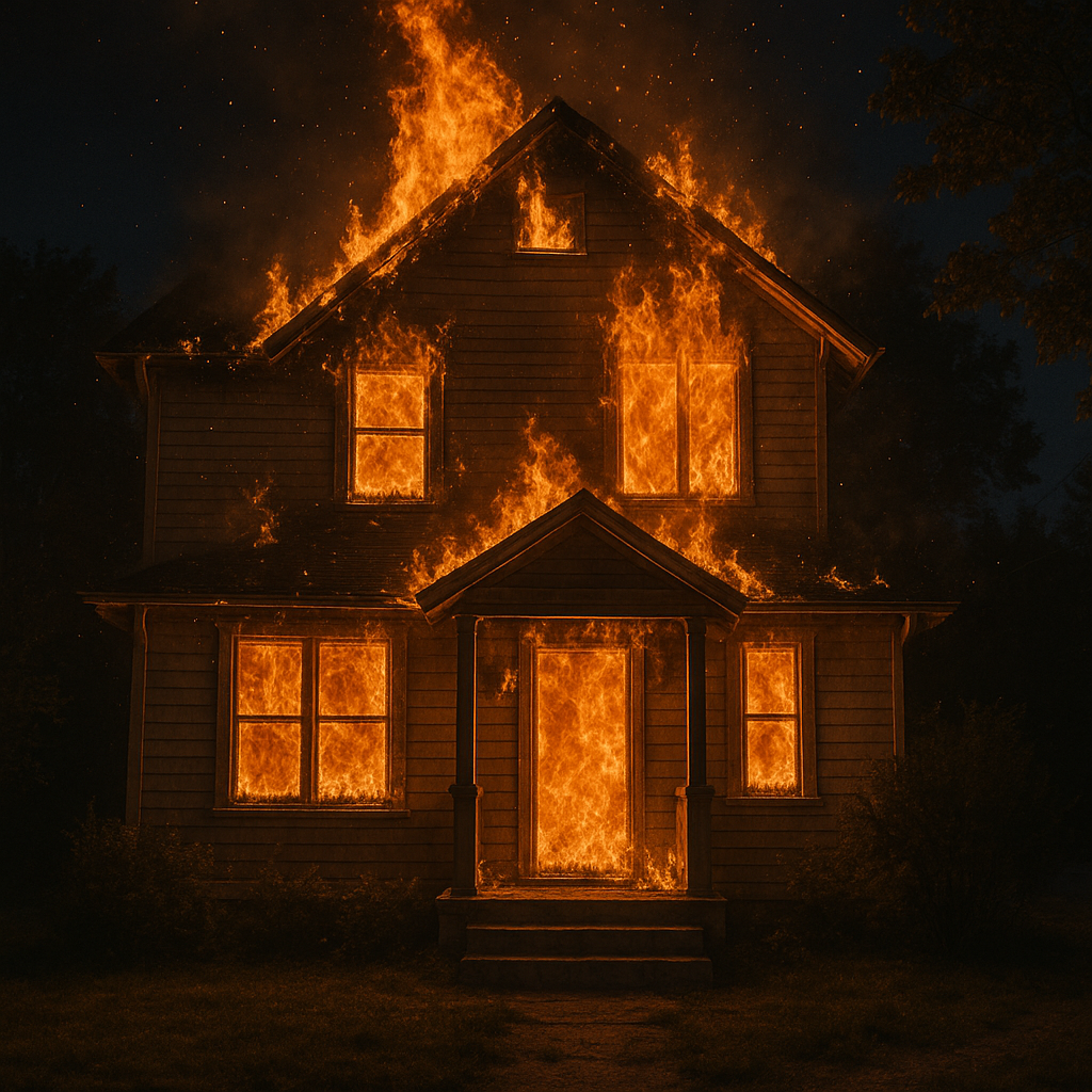 집에 불 나는 꿈 밤하늘 아래 불길에 휩싸인 2층 주택의 생생한 화재 장면