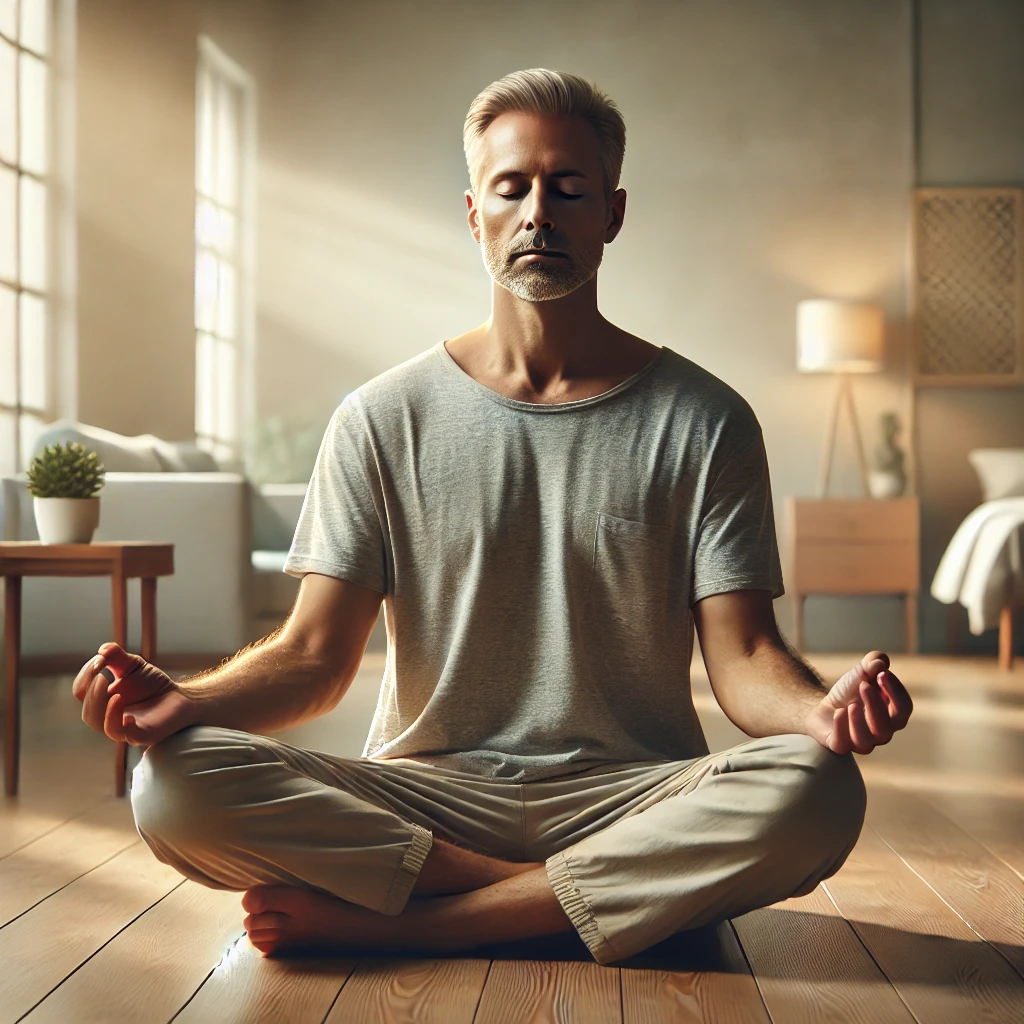 조용히 명상하는 중년 남성