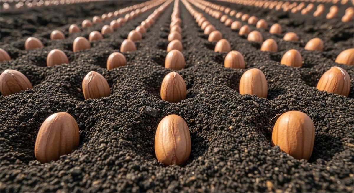 일정 간격으로 땅콩 씨앗을 놓는 파종 디테일 장면