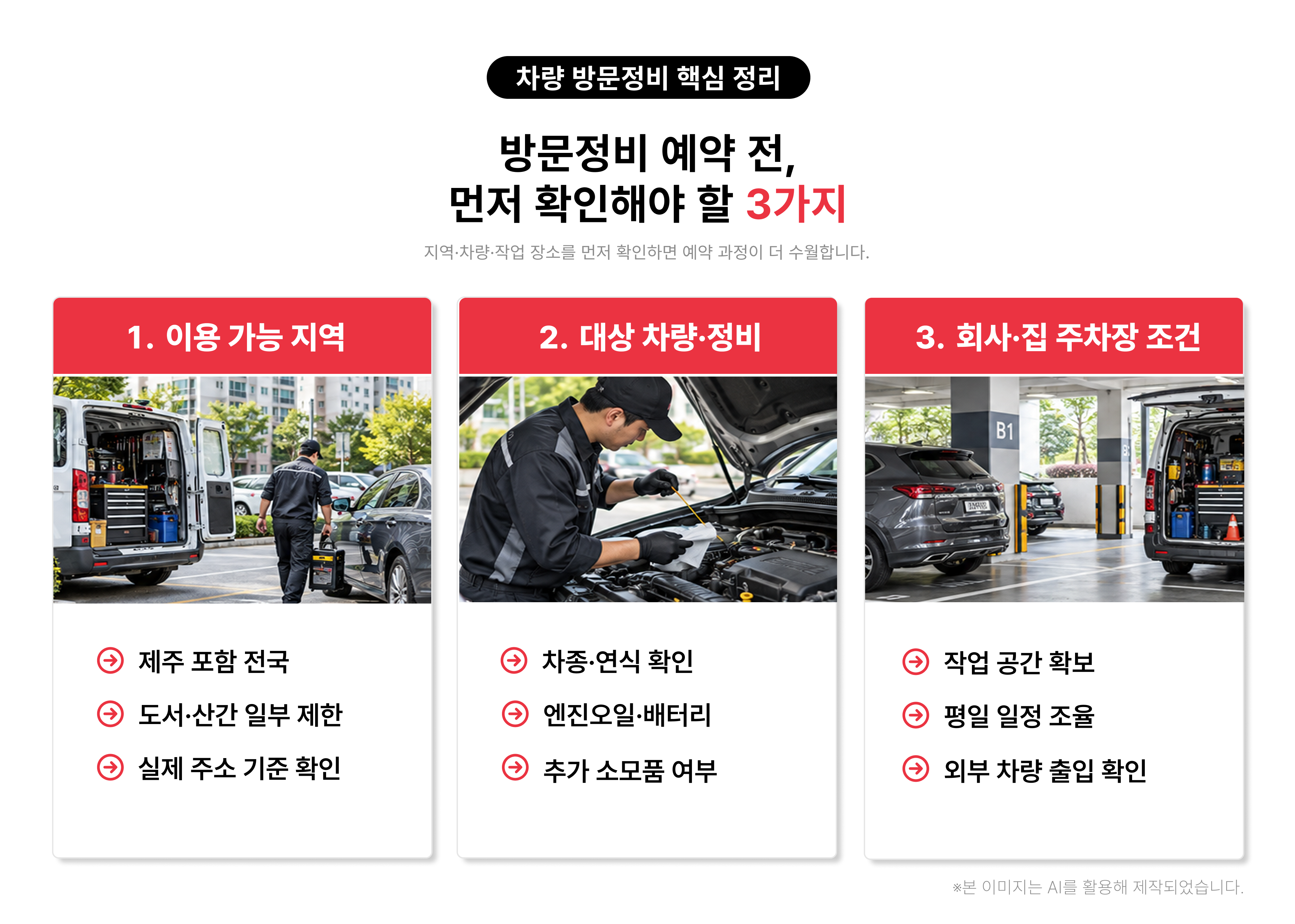 차방정 방문정비 예약 전 확인할 이용 가능 지역, 대상 차종&middot;연식과 정비 항목, 회사&middot;집 주차장의 작업 공간과 출입 조건