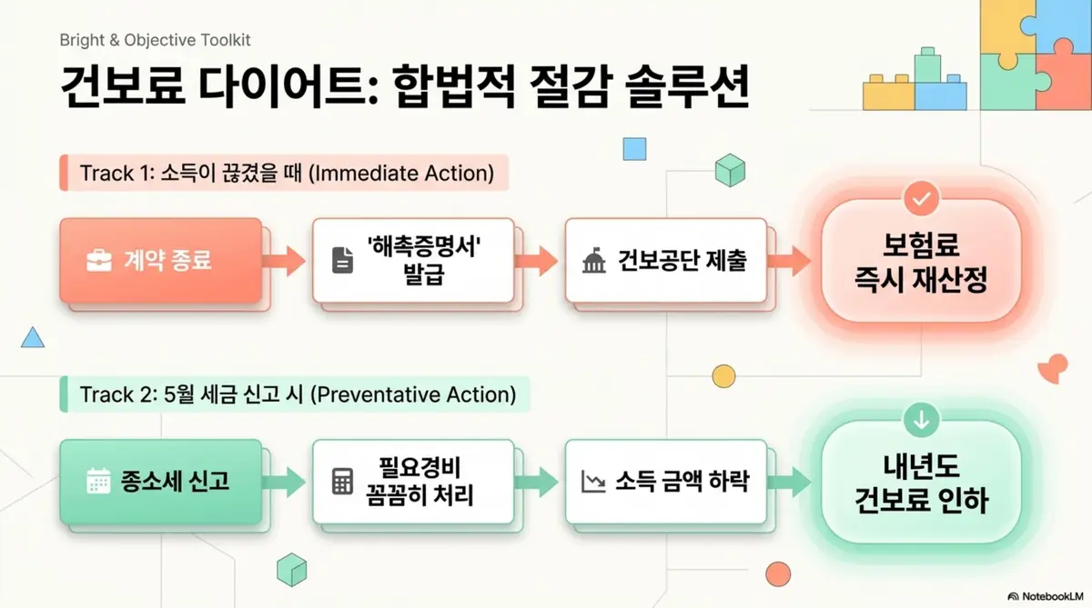 프리랜서 4대보험: 소득이 끊겼을 때 해촉증명서를 건보공단에 제출하여 보험료를 즉시 재산정 받는 방법과 5월 종소세 신고 시 필요경비를 꼼꼼히 처리하여 내년도 건보료를 인하하는 두 가지 절감 경로를 플로우차트로 정리한 이미지. 프리랜서 건강보험료 합법적 절감 솔루션을 시각적으로 전달하며 블로그의 보험료 줄이는 실무 팁과 관련된 내용을 설명함