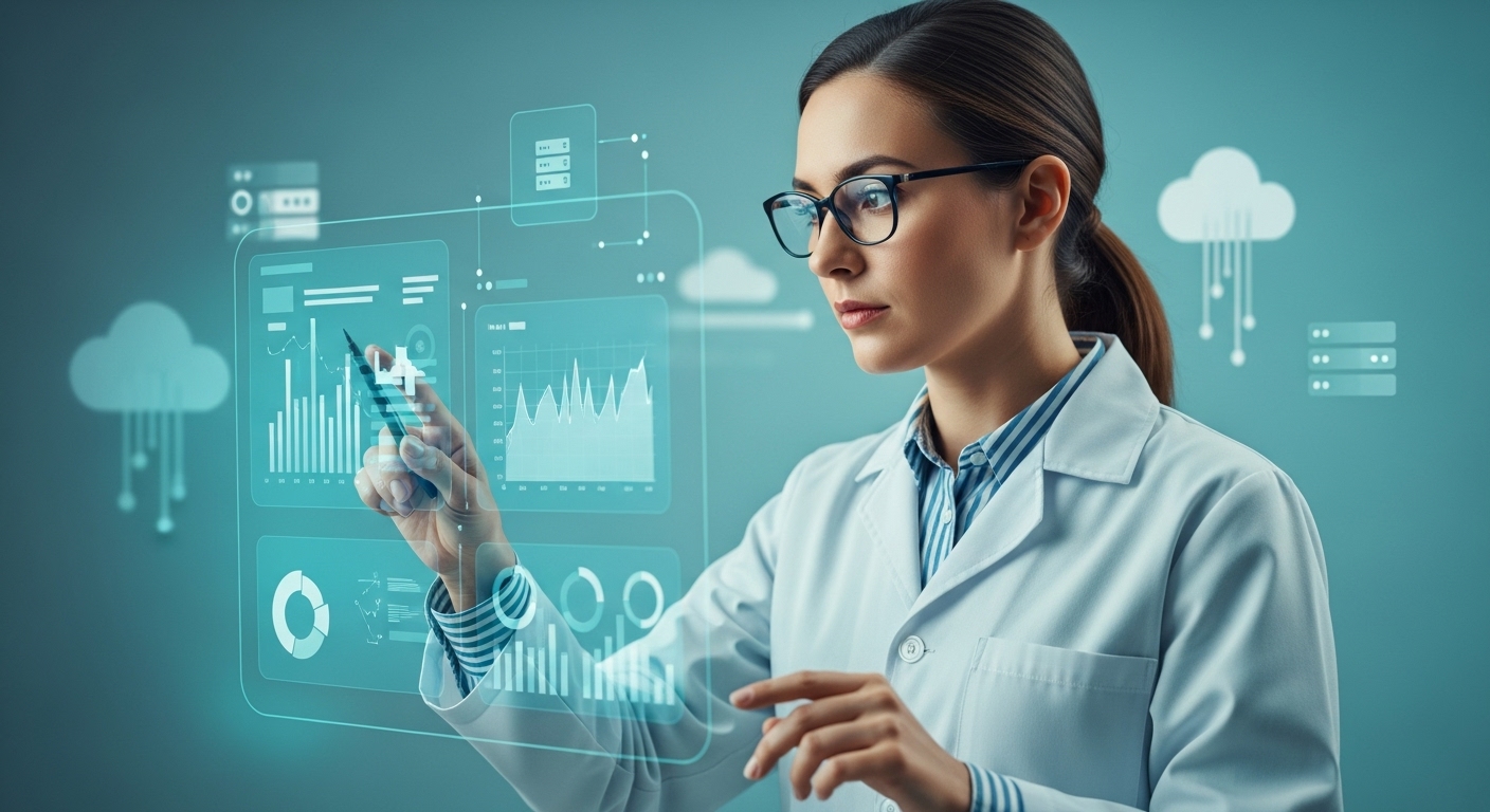 데이터 과학자가 클라우드 기반 데이터 분석 대시보드를 활용하는 모습을 시각화한 이미지