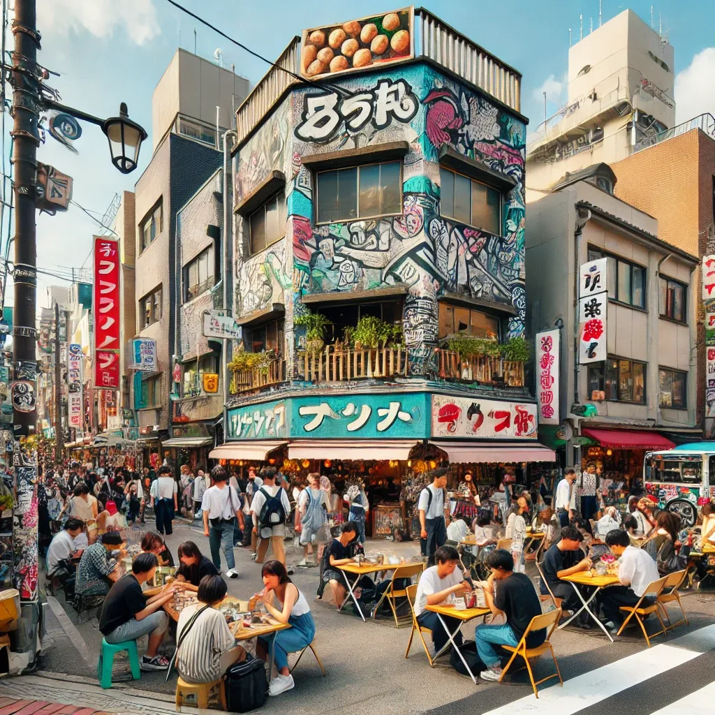 오사카 아메리카무라 교차로에서 타코야키를 먹으며 거리를 활보하는 젊은이들, 그래피티로 덮인 건물과 다양한 상점들이 보이는 모습.