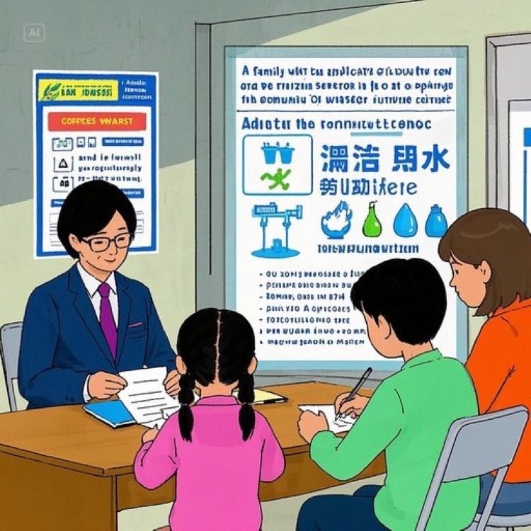 가정에서 수도꼭지를 잠그고 상하수도요금 고지서를 확인하는 장면. 배경에 &lsquo;2025년 상하수도요금 100% 감면&rsquo; 텍스트와 물방울 아이콘. 파란색과 초록색 톤으로 절약과 친환경 강조.