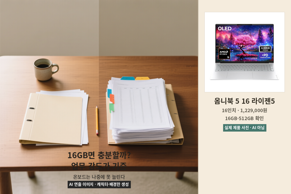 사무용 노트북 16GB 메모리의 가벼운 업무와 무거운 업무를 비교한 이미지