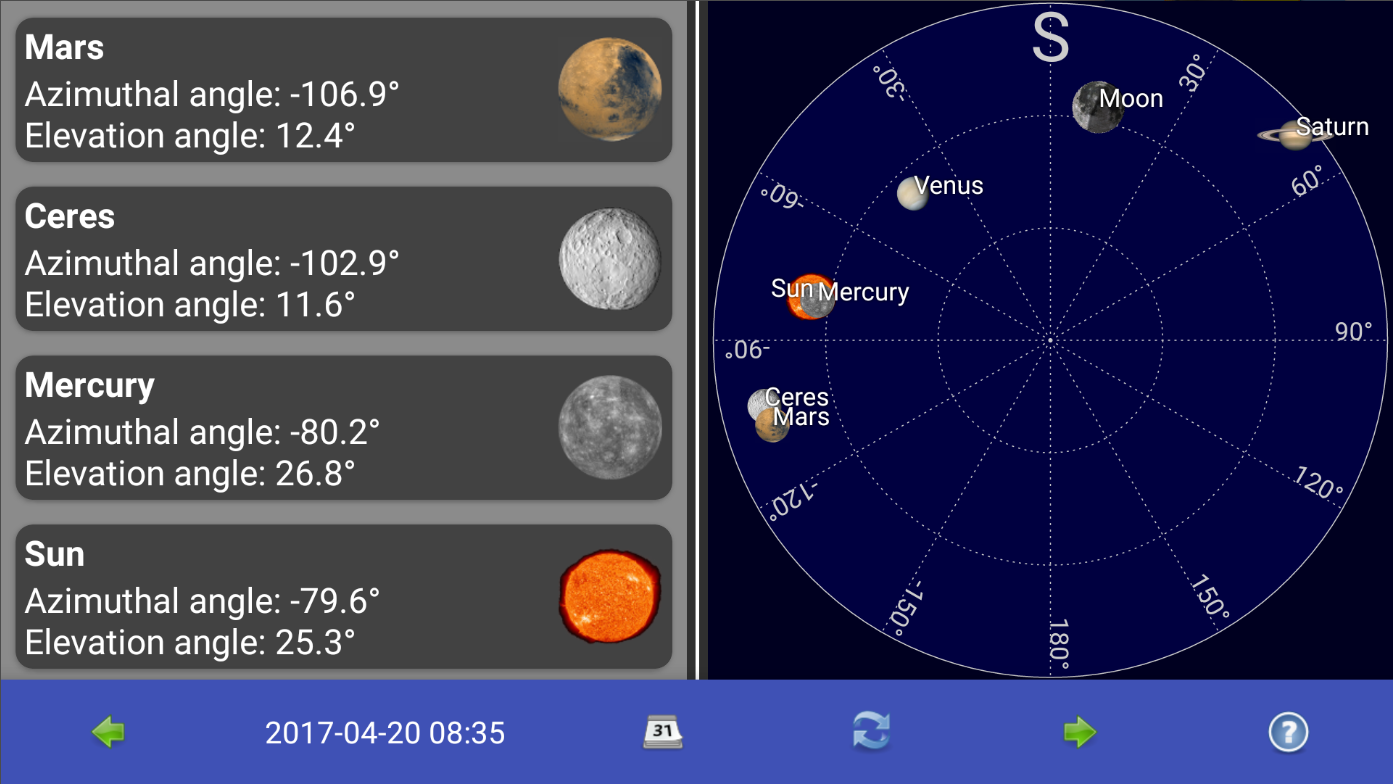 태양 달 행성 위치 계산 앱, Sun moon and planets, 정확한 천문 정보