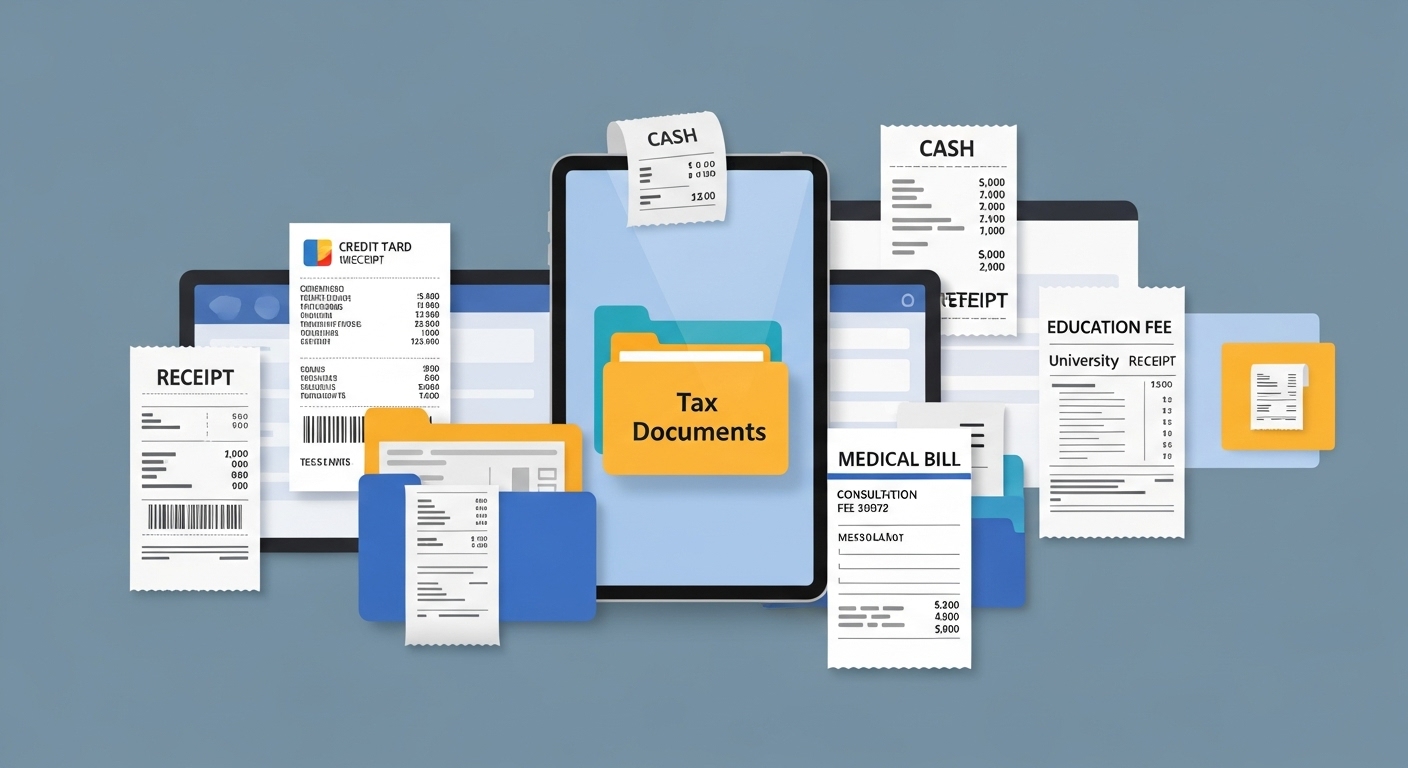 연말정산 공제 서류들을 깔끔하게 정리하는 모습
