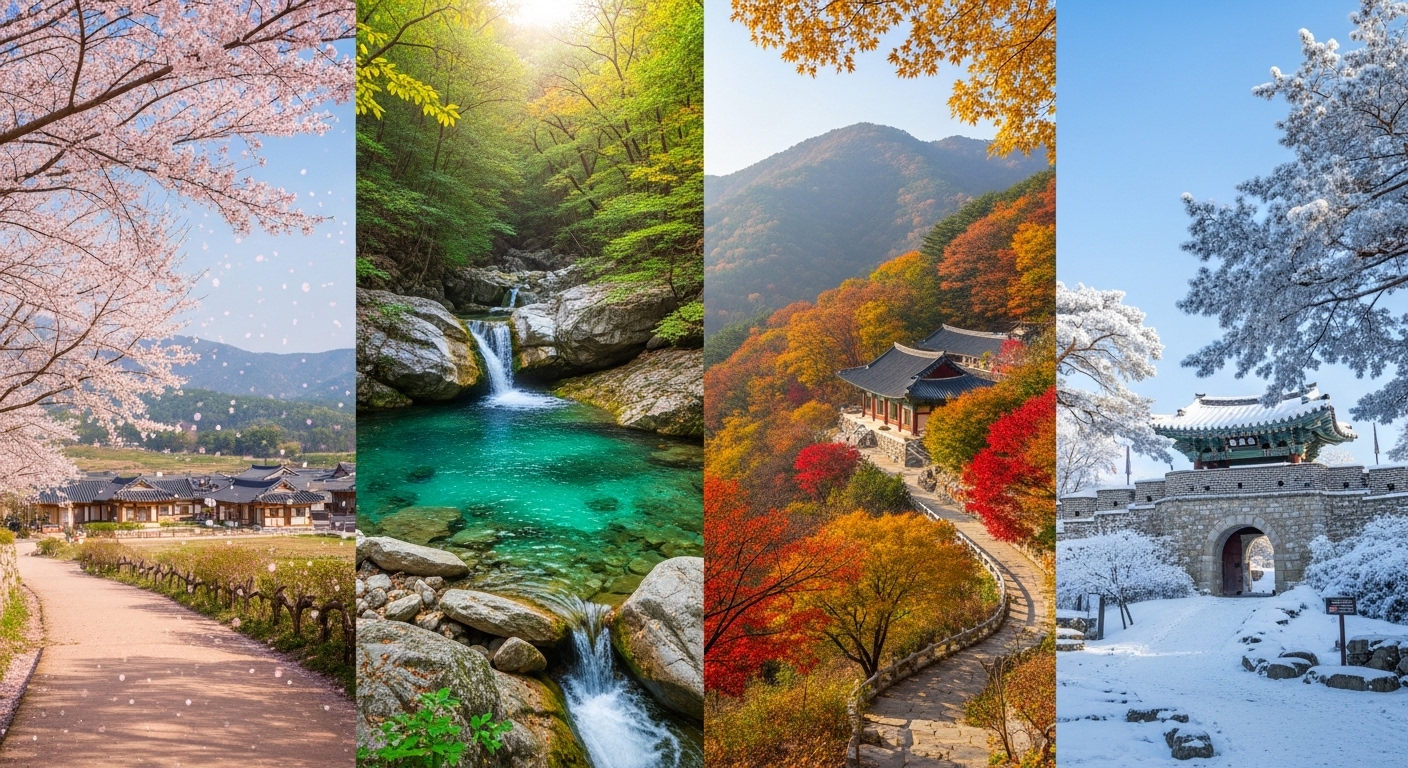 사계절의 특색이 뚜렷하게 드러나는 국내의 아름다운 숨은 명소 네 곳을 분할하여 보여주는 이미지