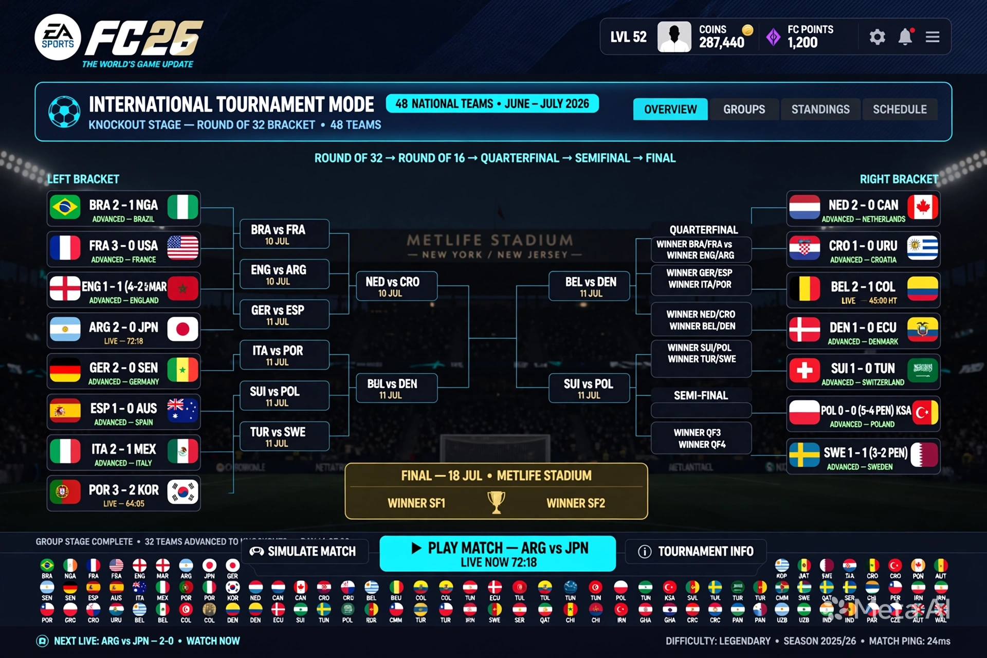 EA SPORTS FC 26 신규 국제 대회 모드에서 48개국 국가대표팀이 경기를 펼치는 화면