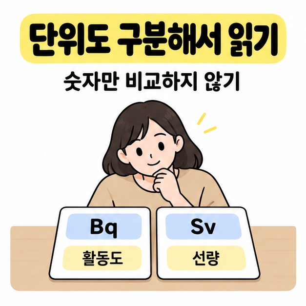여성이 Bq 활동도 카드와 Sv 선량 카드를 살펴보며 단위의 숫자만 비교하지 않도록 안내하는 모습