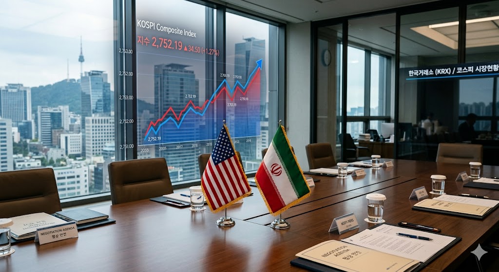 성조기와 이란 국기가 놓인 협상 테이블 뒤로 코스피 지수 그래프가 겹쳐진 이미지