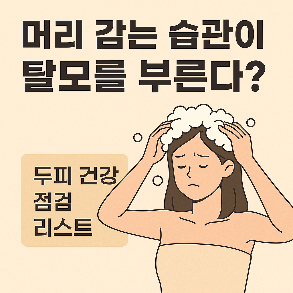 머리를 감고 있는 여성이 두피 건강에 대해 걱정하는 표정을 짓고 있으며, 상단에는 &lsquo;머리 감는 습관이 탈모를 부른다?&rsquo;라는 문구, 왼쪽에는 &lsquo;두피 건강 점검 리스트&rsquo;라는 강조 문구가 함께 배치된 썸네일 이미지