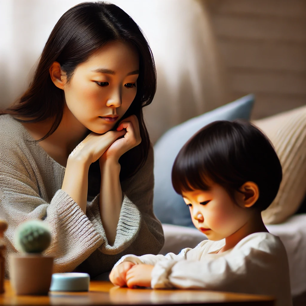 말없이 혼자 놀고 있는 아이를 걱정스럽게 바라보는 엄마의 모습