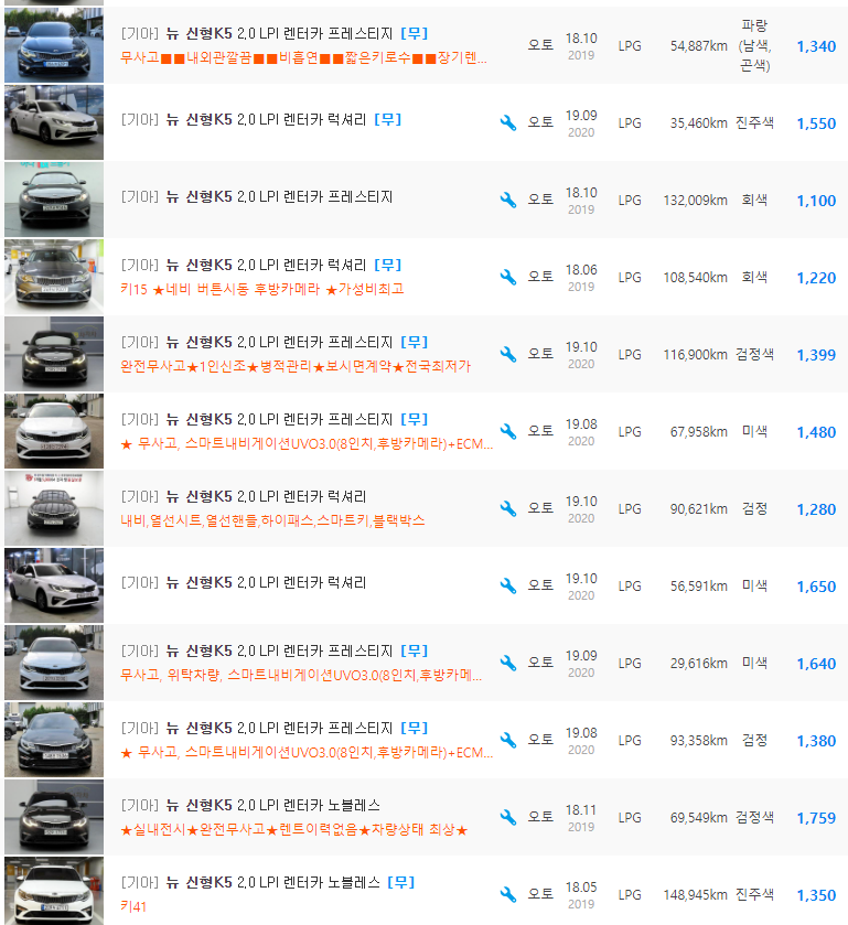 더 뉴 K5 2세대 2.0 LPI 등급 중고차 시세 : 1,070만원 ~ 1,759만원