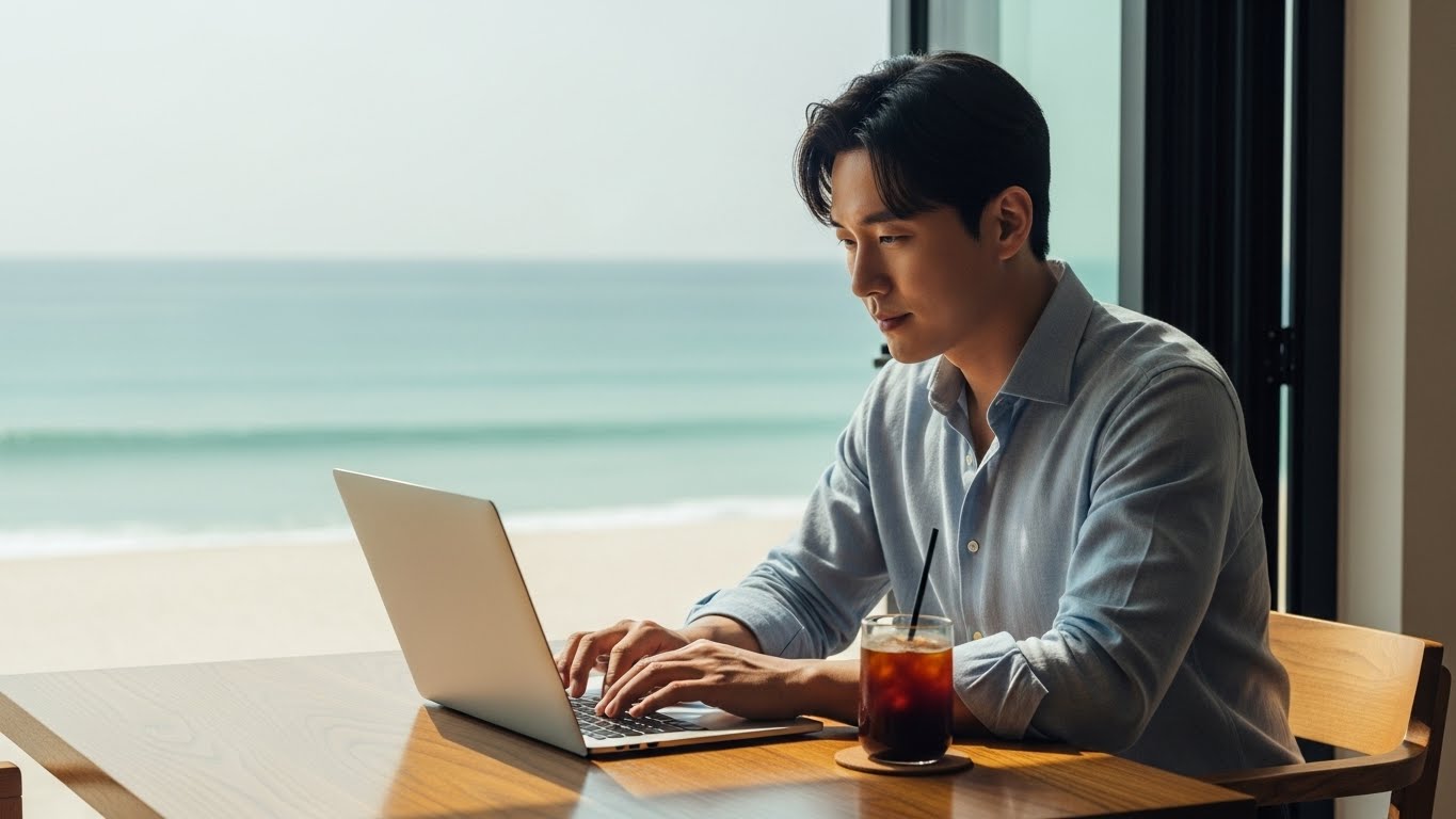 해변 카페에서 클라우드 시스템을 통해 장소에 구애받지 않고 업무에 몰입하는 남성의 모습