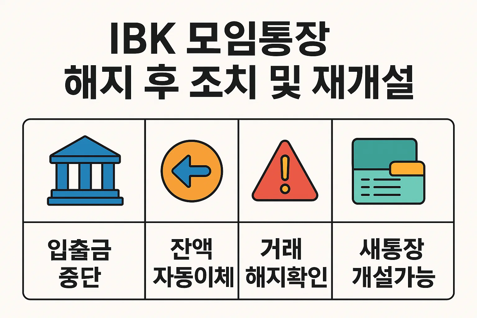 IBK 모임통장 해지 후 발생하는 입출금 중단, 자동이체 잔액 확인, 거래 해지확인, 새 통장 개설 가능 여부 등 후속 조치 내용을 정리한 인포그래픽 이미지입니다.