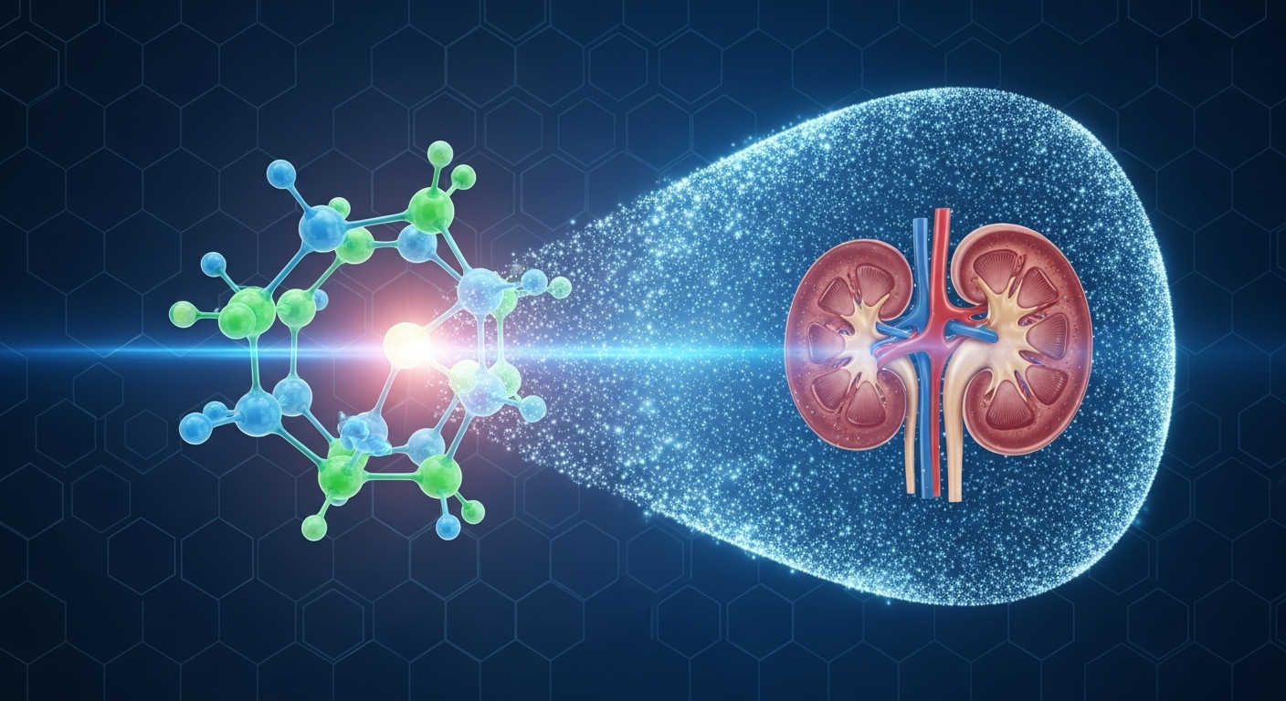 약물 분자가 신장 주위에 보호막을 형성하여 보호하는 모습을 표현한 과학적인 그래픽 이미지