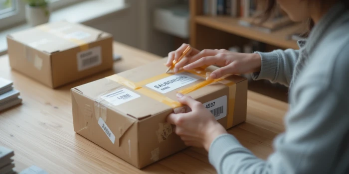 송장을 붙이며 포장 중인 프리랜서의 일상적인 장면