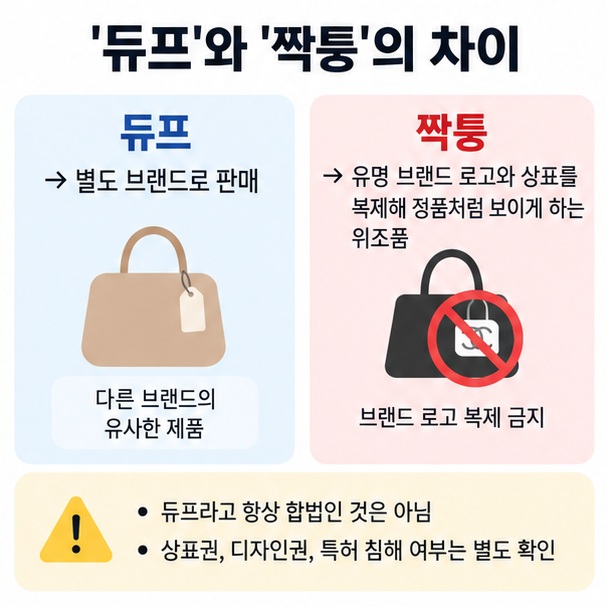 듀프와 짝퉁의 차이를 자체 브랜드 대체품과 로고를 복제한 위조품으로 구분해 설명한 이미지