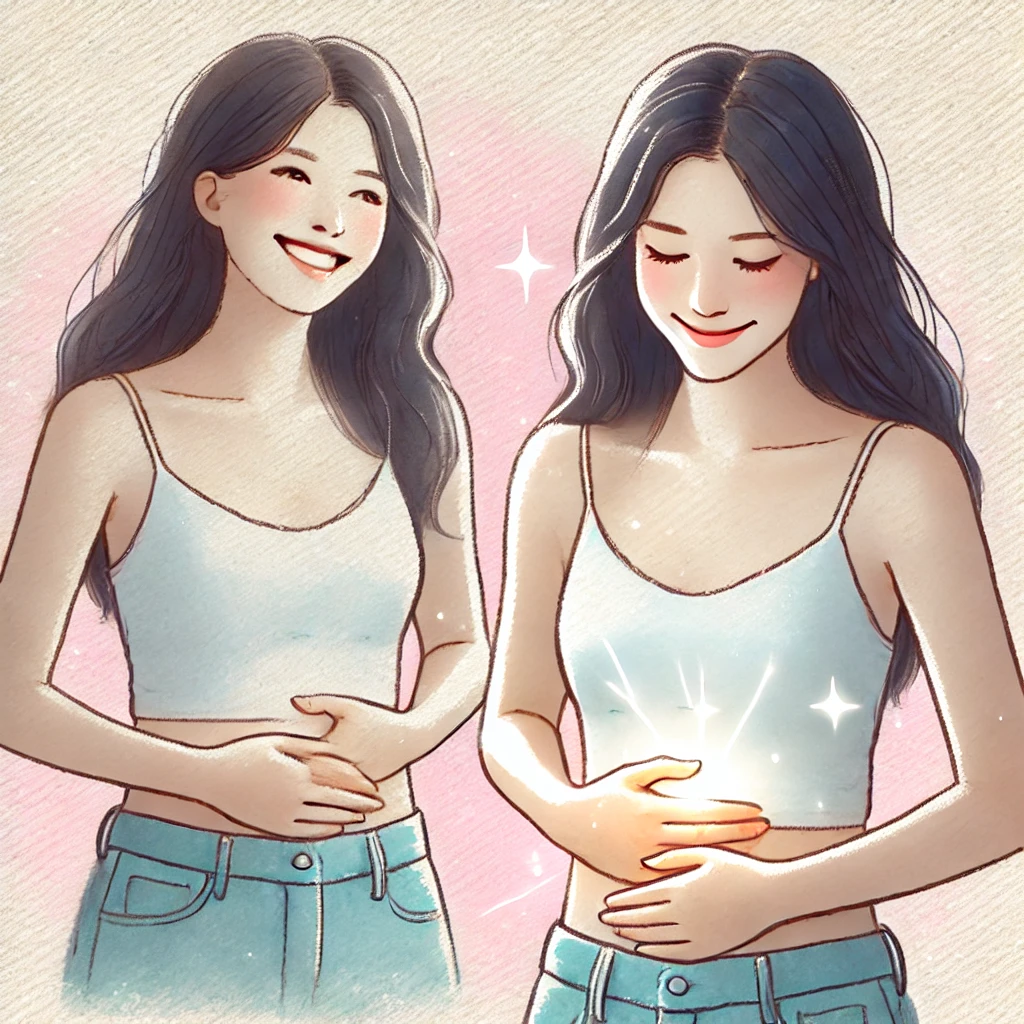 복부에 손을 얹고 미소 짓는 여성 – 장 건강과 균형 잡힌 소화의 상징