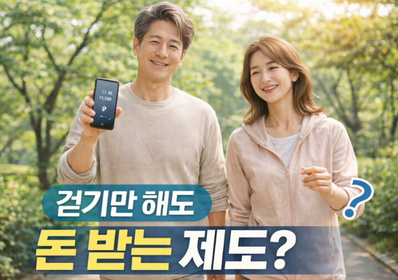 alt="남녀가 걷기를 하면서 휴대폰으로 걸음 수를 확인하며 보여주고 있다"