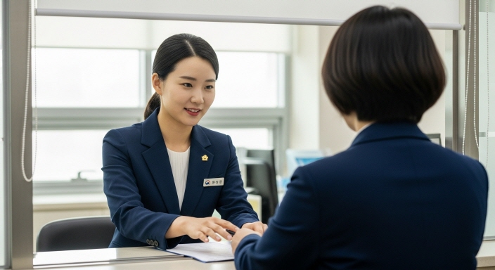 관공서 창구에서 재산세 이의신청을 안내하는 직원