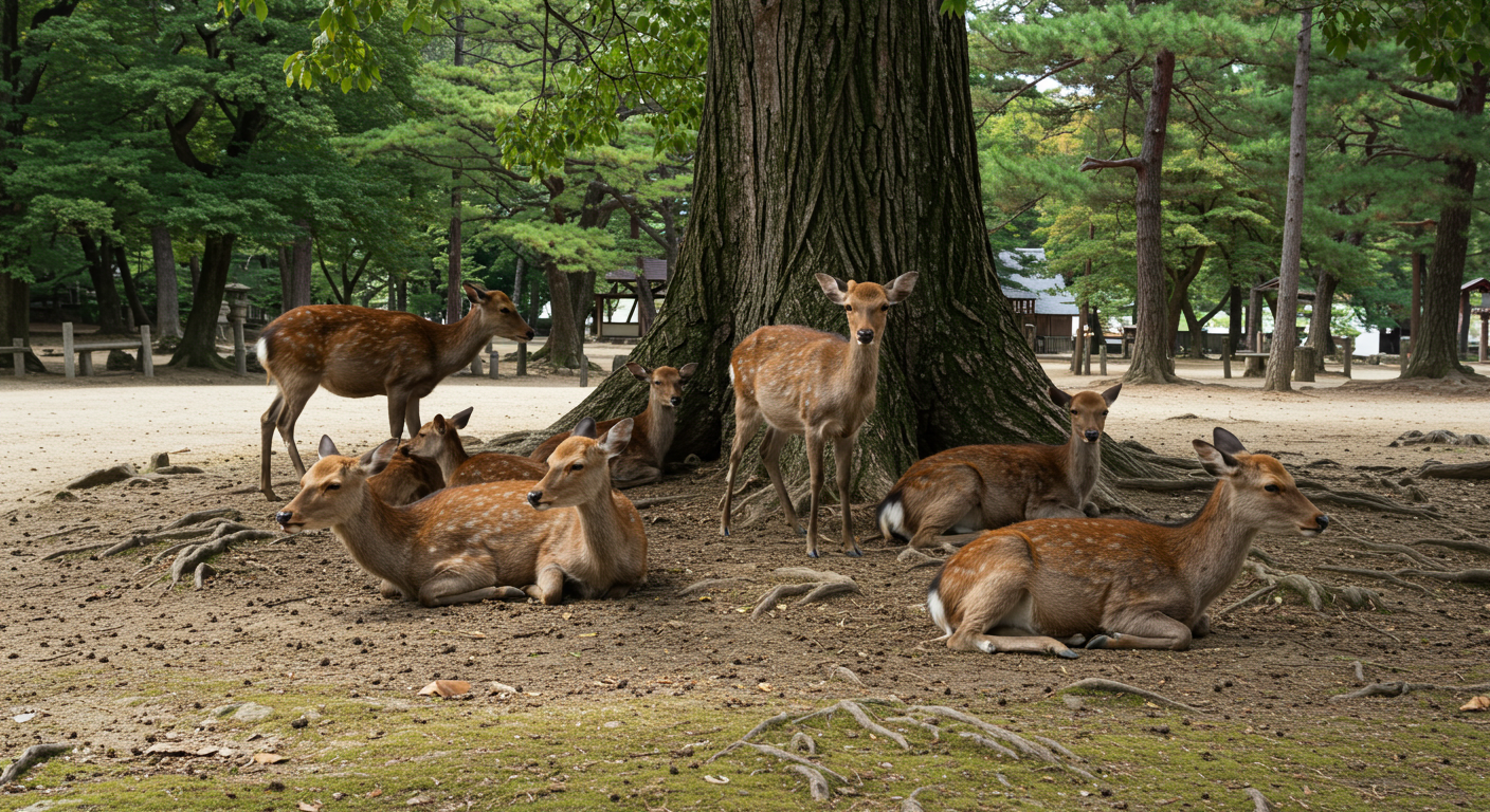 숲속 나무 아래에서 평화롭게 쉬고 있는 사슴 무리