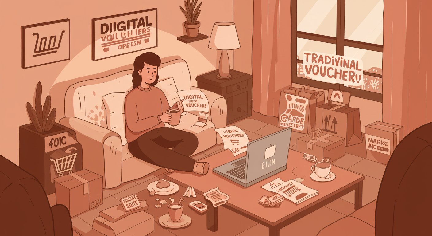 집에서도 소비쿠폰을 활용해 온라인 쇼핑을 즐기는 장면