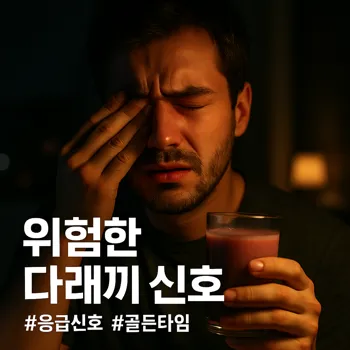 어두운 방 안, 한 인물의 얼굴이 고통스럽게 클로즈업되어 있다. 인물은 한쪽 눈을 손으로 살짝 감싸 쥔 채, 심한 통증과 불편함으로 미간을 찌푸리고 있다. 눈 주변이 살짝 붉고 부어있는 것이 암시된다. 창밖의 도시 불빛이나 스탠드 조명 하나에만 의지한 극적인 조명으로, 상황의 심각성과 응급 상황임을 강조한다. 인물의 고통스러운 감정이 생생하게 전달되는 영화의 한 장면 같은 실사 사진 스타일.
