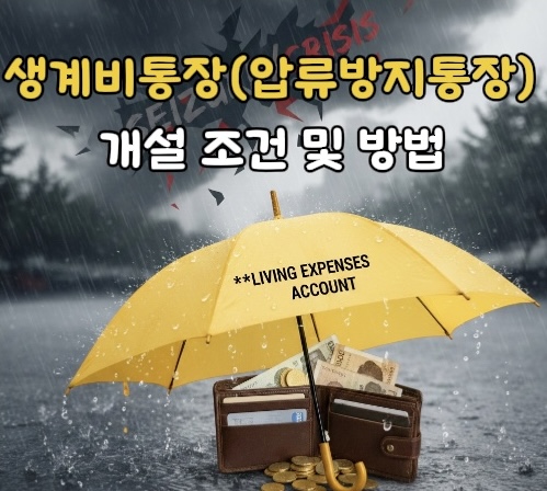 비바람(압류/위기) 속에서 노란 우산(생계비통장)이 금전이나 지갑을 안전하게 덮어주고 있는 이미지