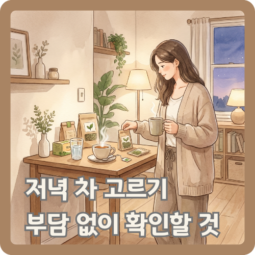 저녁 식탁에서 따뜻한 차와 물컵을 앞에 두고 부담 없는 음료를 고르는 여성의 웰니스 루틴 일러스트