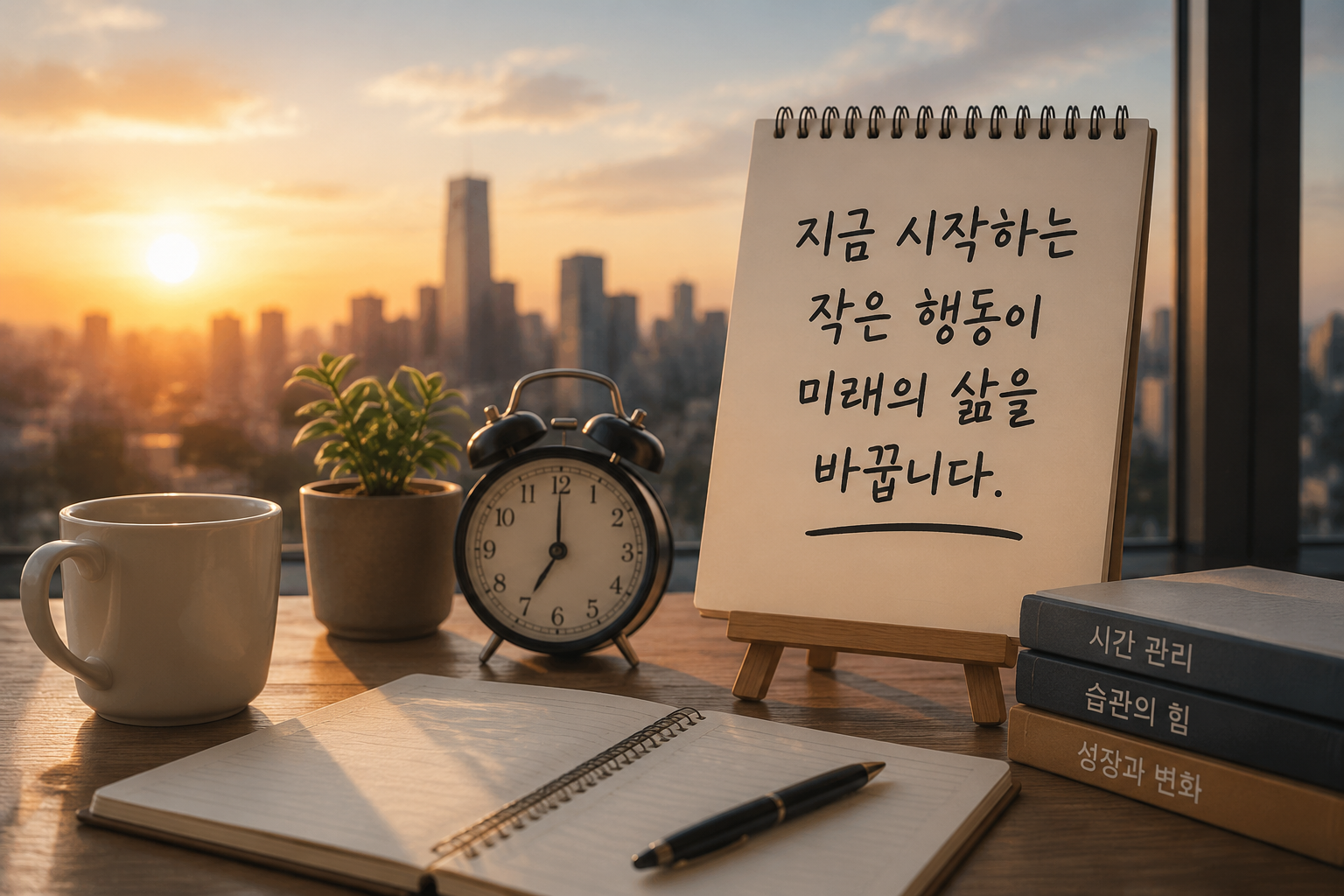 시간을 낭비하지 않고 작은 행동을 시작해 성장하는 삶과 미래 변화를 표현한 시간 관리 이미지