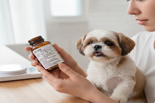 영양제 라벨을 꼼꼼히 읽고 있는 보호자의 손과 반려견의 모습