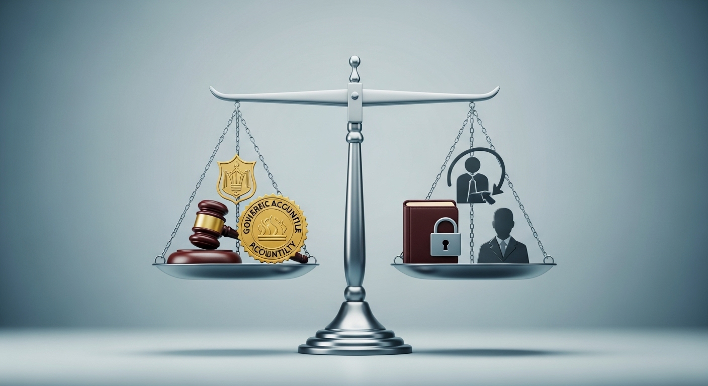 정부 투명성과 개인 사생활 보호의 균형을 상징하는 저울 이미지.