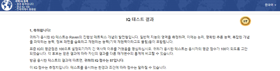 국제 아이큐 테스트 문제 풀기 내 IQ테스트 결과