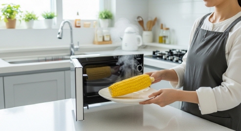 전자레인지에서 꺼낸 초당옥수수를 접시에 담는 모습