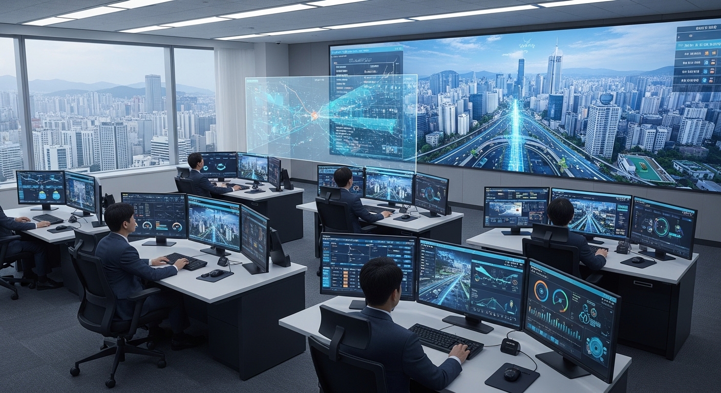 a high-tech control room monitoring a smart city in Seoul