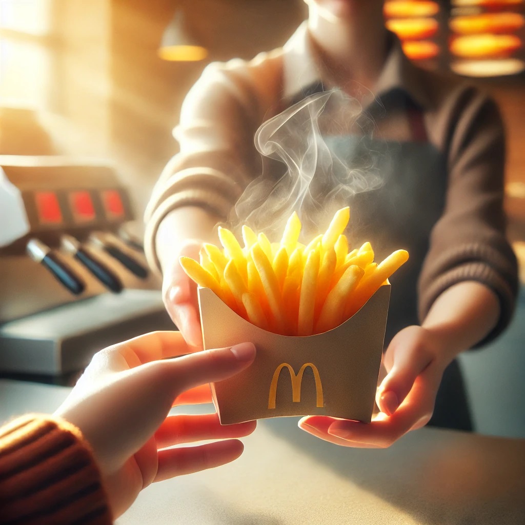 갓 튀긴 감자튀김을 직원이 건네는 장면