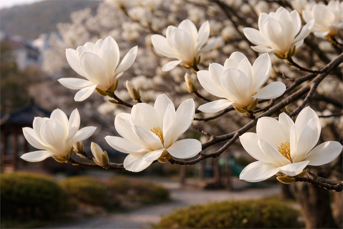 벨벳 같은 꽃잎이 돋보이는 흰 목련 꽃 클로즈업