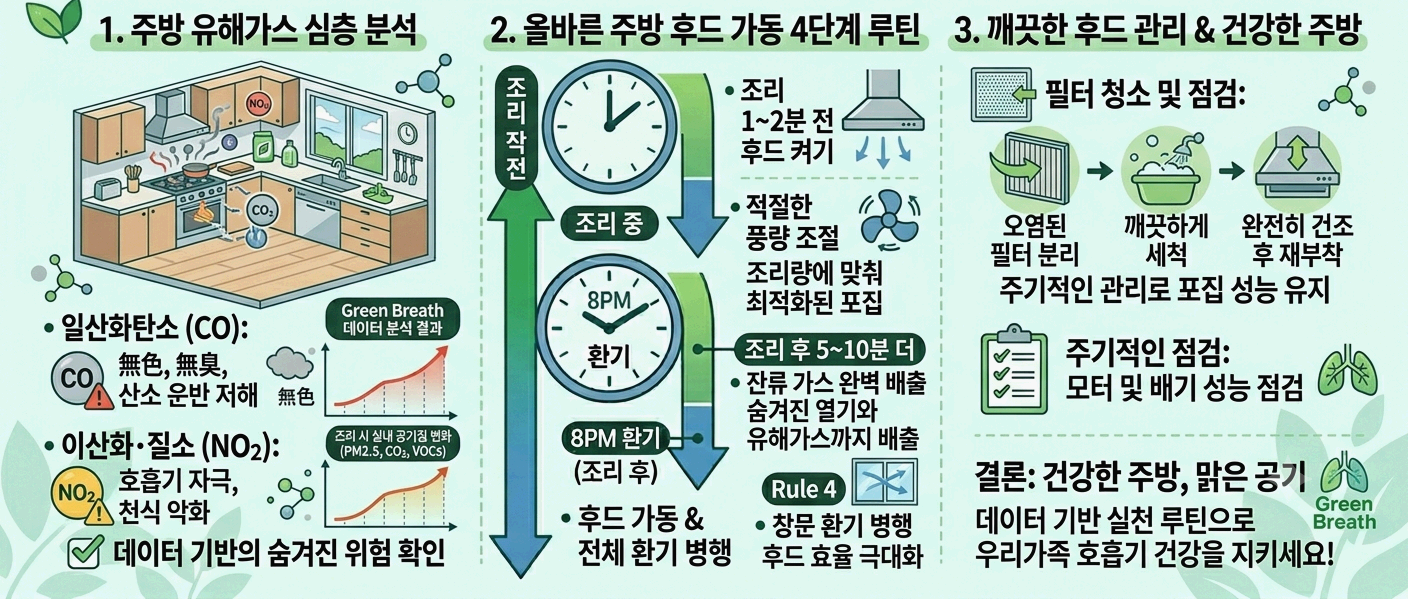 [실내 안전] 주방 가스레인지 유해가스 분석: 요리할 때 일산화탄소와 이산화질소를 잡는 후드 가동법