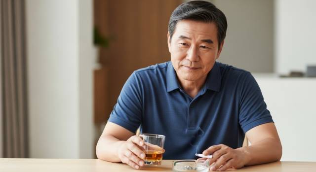 담배와 술잔을 손으로 거절하는 55세 한국 남성 이미지
