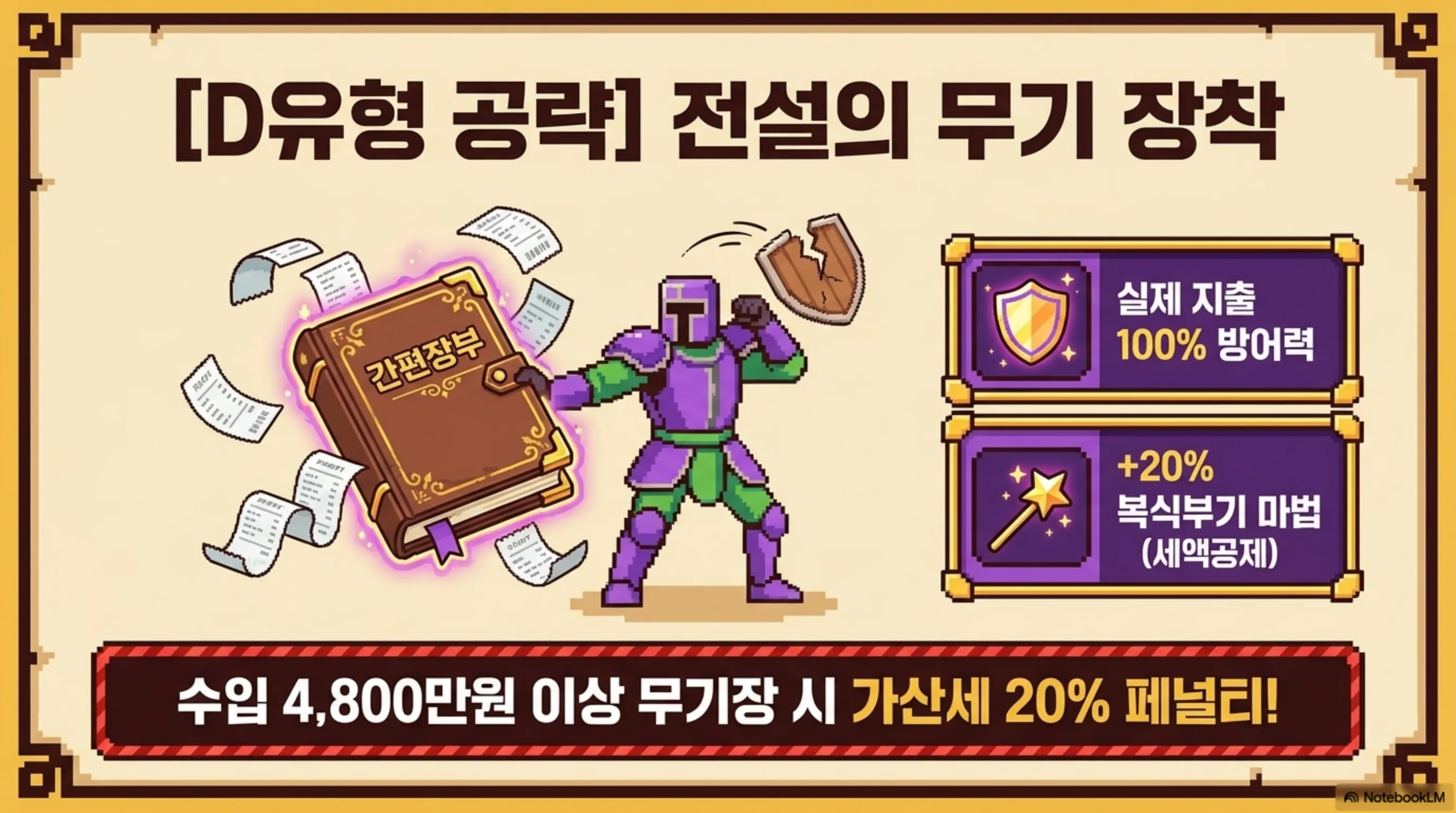 프리랜서 종합소득세: D유형 공략으로 전설의 무기 장착이라는 제목의 게임 형식 이미지. 기사 캐릭터가 간편장부라고 적힌 책을 들고 있으며 오른쪽에 실제 지출 100퍼센트 방어력과 복식부기 마법 플러스 20퍼센트 세액공제 효과가 표시되어 있다. 하단에 수입 4800만원 이상 무기장 시 가산세 20퍼센트 페널티라는 경고가 적혀 있다. D유형 프리랜서의 간편장부 기장신고 절세 전략을 게임 아이템으로 시각화한 이미지