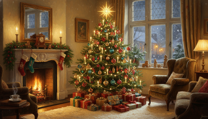 화려하게 장식된 크리스마스 트리가 따뜻한 불빛과 함께 선물로 둘러싸인 아늑한 거실에 놓여 있는 모습. 고대 전통과 현대의 축제가 어우러진 마법 같은 겨울밤 풍경.