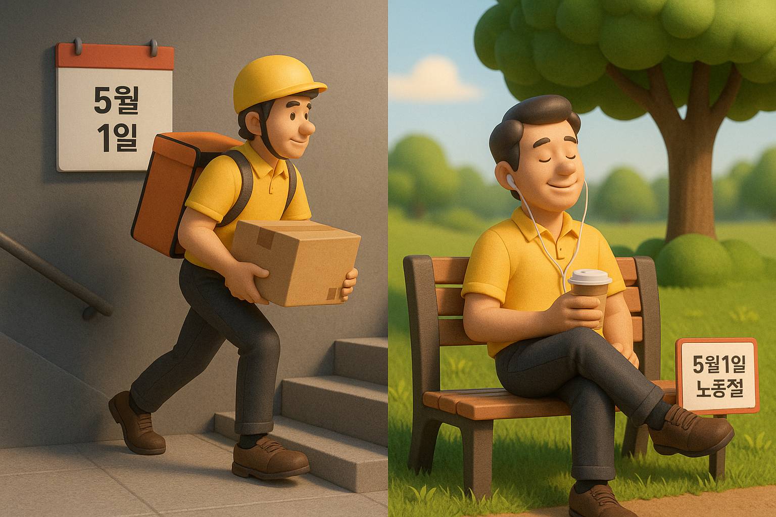 5월 1일 노동절, 일하는 근로자와 공원 벤치에서 쉬는 근로자를 대조적으로 표현한 3D 일러스트. 노동절의 의미와 현실을 시각적으로 보여주는 이미지.