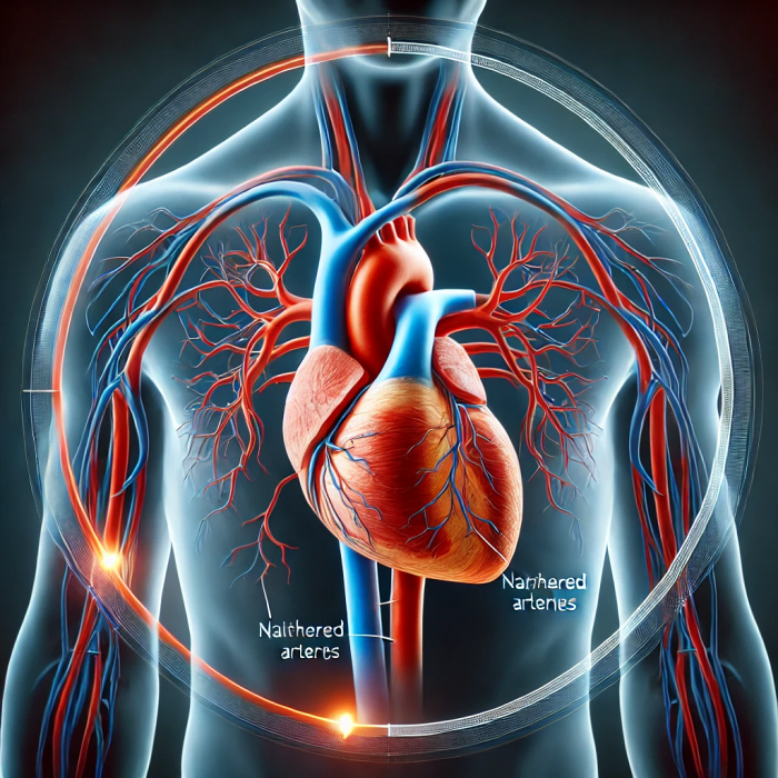 고혈압으로 인해 좁아진 동맥을 강조하는 심장과 혈관의 상세 다이어그램.