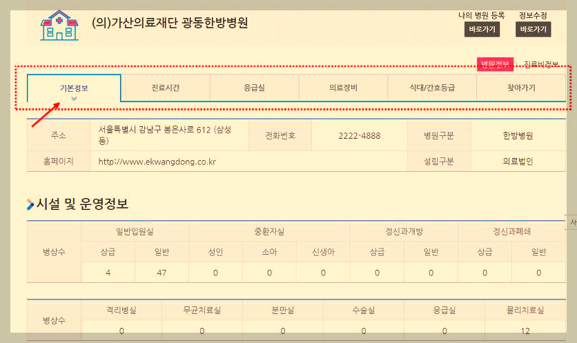 검색된 병원정보화면